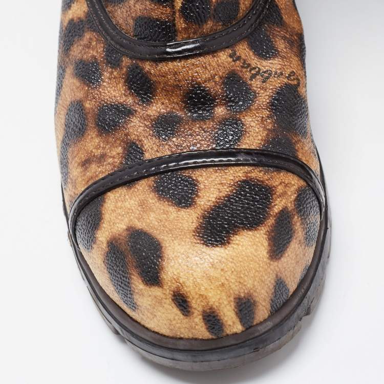 Pre Owned Dolce & Gabbana Brown Coated Canvas Leopard Print Knee Length Boots Size 36