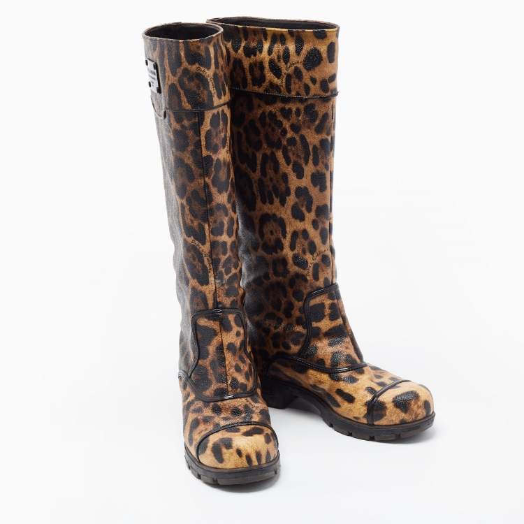 Pre Owned Dolce & Gabbana Brown Coated Canvas Leopard Print Knee Length Boots Size 36