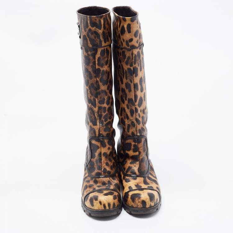 Pre Owned Dolce & Gabbana Brown Coated Canvas Leopard Print Knee Length Boots Size 36