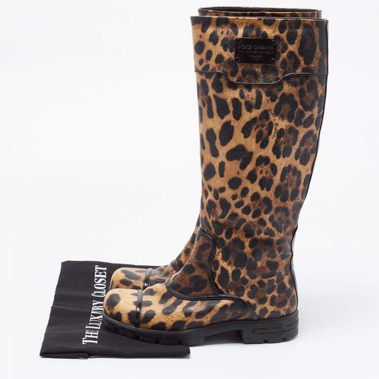 Pre Owned Dolce & Gabbana Brown Coated Canvas Leopard Print Knee Length Boots Size 36
