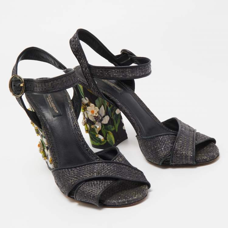 Pre Owned Dolce & Gabbana Black Raffia Crystal Embellished Block Heel Sandals Size 38.5