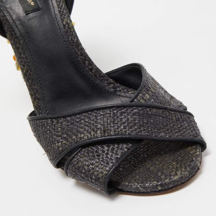 Pre Owned Dolce & Gabbana Black Raffia Crystal Embellished Block Heel Sandals Size 38.5