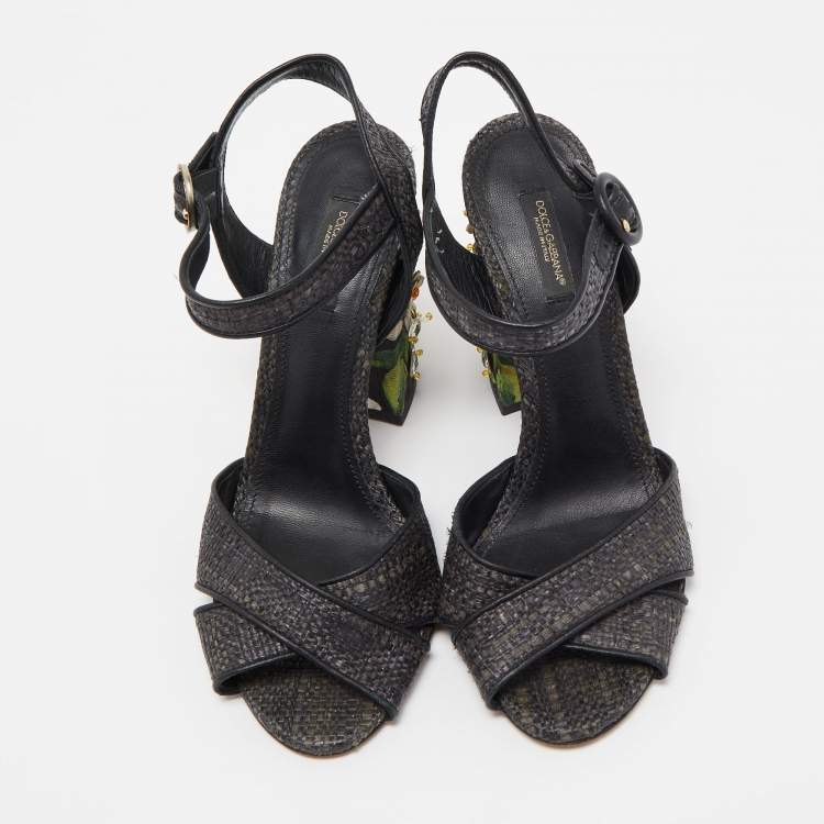 Pre Owned Dolce & Gabbana Black Raffia Crystal Embellished Block Heel Sandals Size 38.5