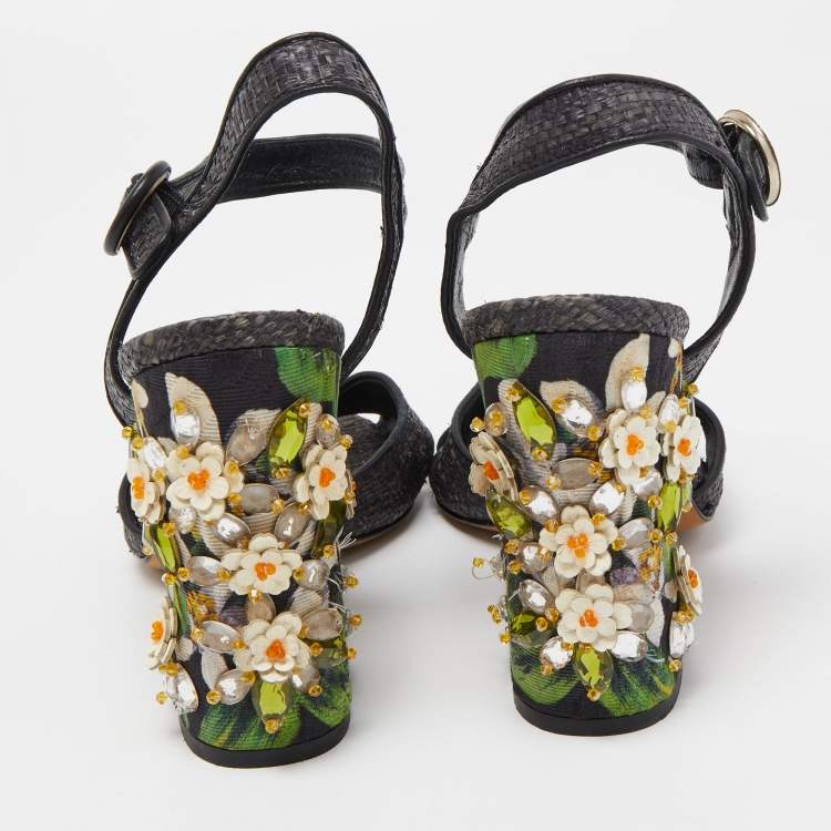 Pre Owned Dolce & Gabbana Black Raffia Crystal Embellished Block Heel Sandals Size 38.5