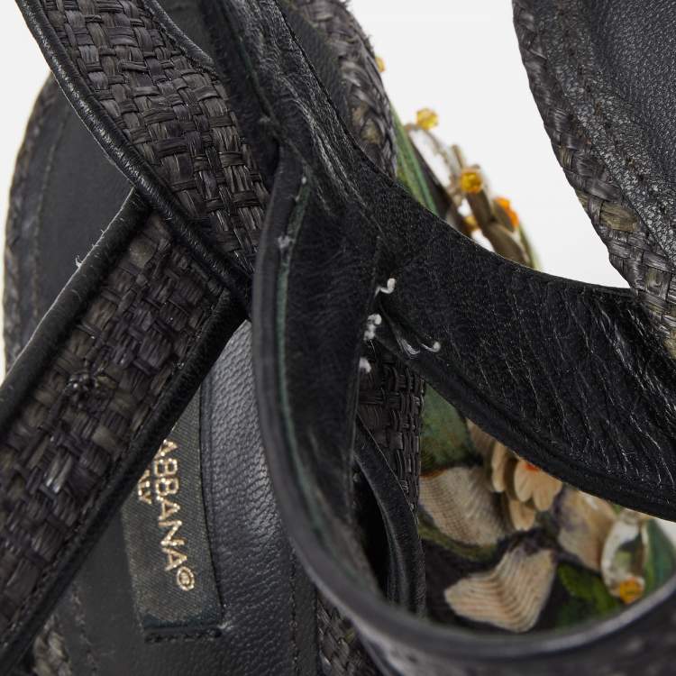 Pre Owned Dolce & Gabbana Black Raffia Crystal Embellished Block Heel Sandals Size 38.5
