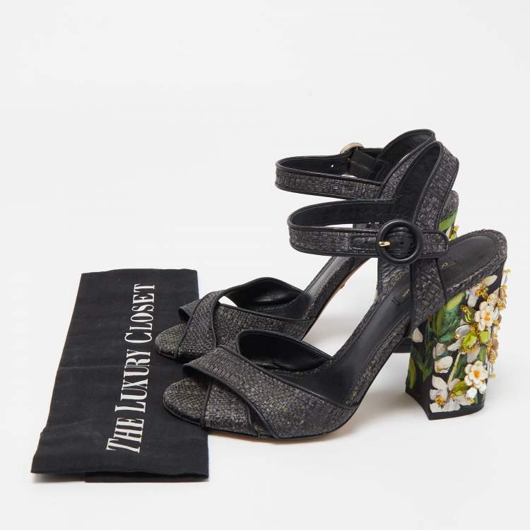 Pre Owned Dolce & Gabbana Black Raffia Crystal Embellished Block Heel Sandals Size 38.5