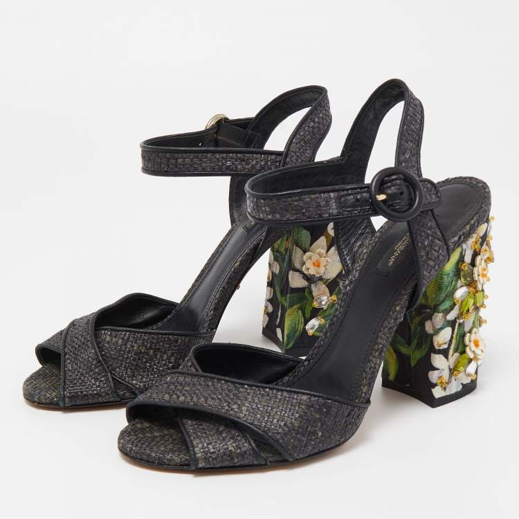 Pre Owned Dolce & Gabbana Black Raffia Crystal Embellished Block Heel Sandals Size 38.5