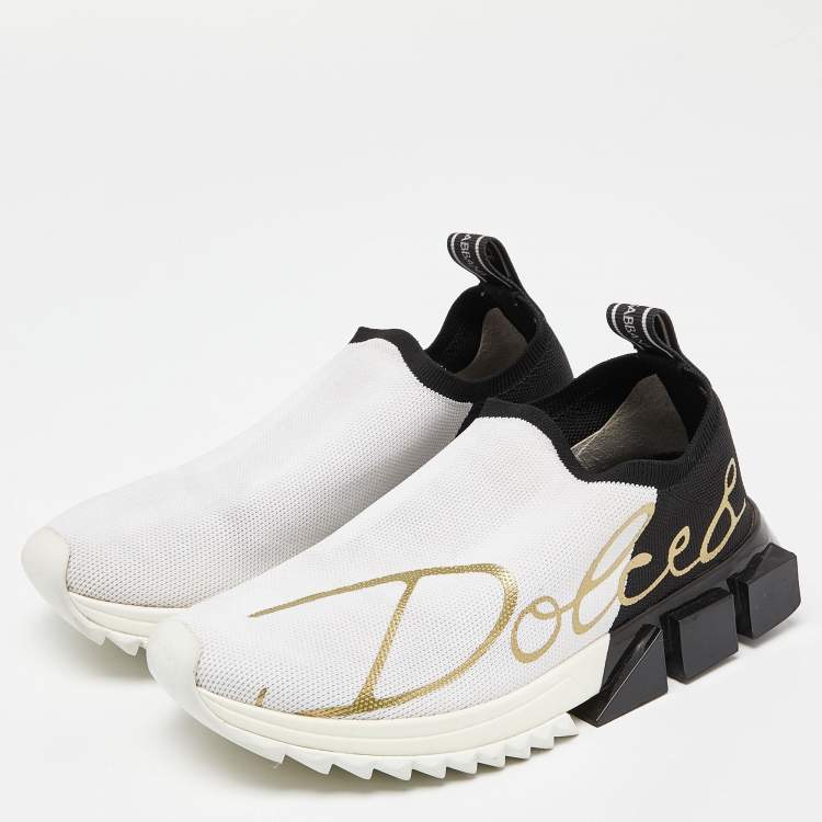 Pre Owned Dolce & Gabbana White/Black Knit Fabric Sorrento Slip-On Sneakers Size 36