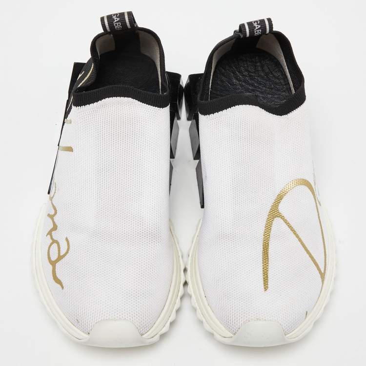 Pre Owned Dolce & Gabbana White/Black Knit Fabric Sorrento Slip-On Sneakers Size 36
