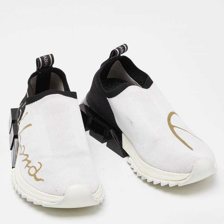 Pre Owned Dolce & Gabbana White/Black Knit Fabric Sorrento Slip-On Sneakers Size 36