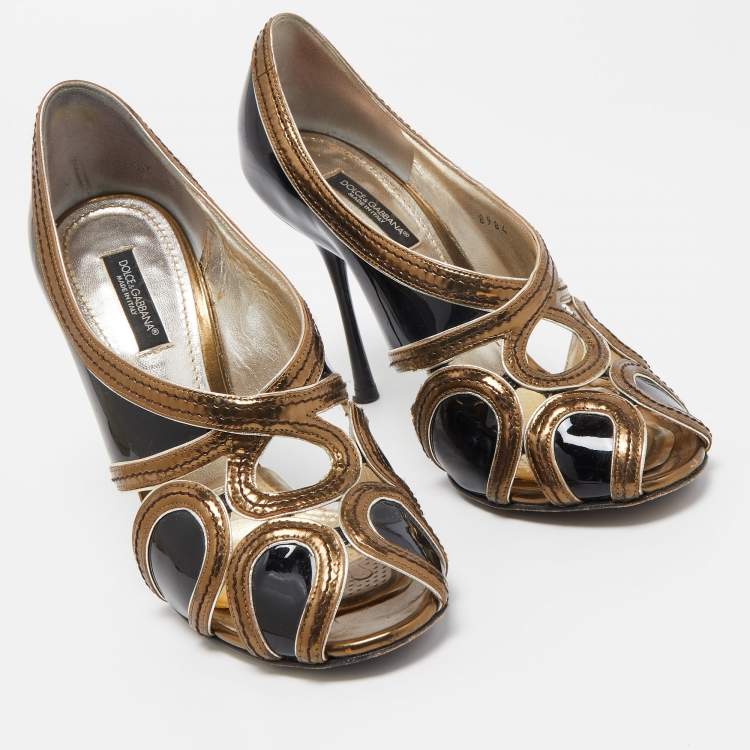 Pre Owned Dolce & Gabbana Black/Metallic Patent and Leather Cut Out Peep Toe Pumps Size 36.5
