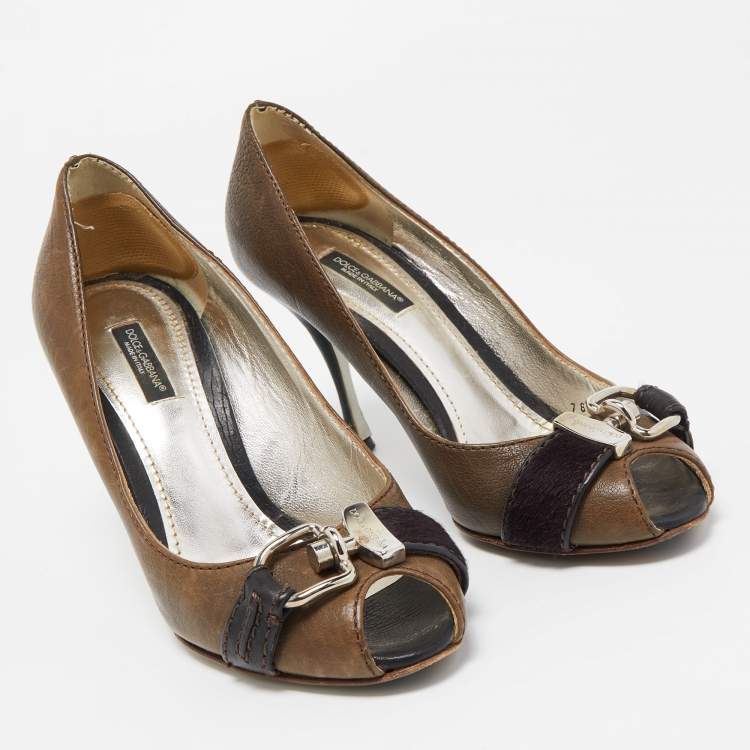 Pre Owned Dolce & Gabbana Olive Green Leather Buckle Strap Peep Toe Pumps Size 37