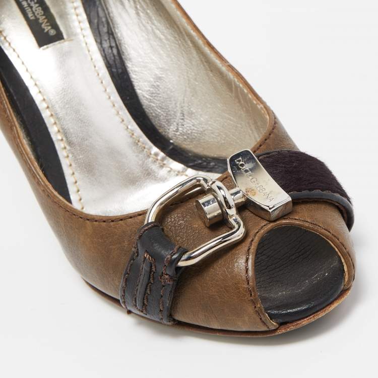 Pre Owned Dolce & Gabbana Olive Green Leather Buckle Strap Peep Toe Pumps Size 37
