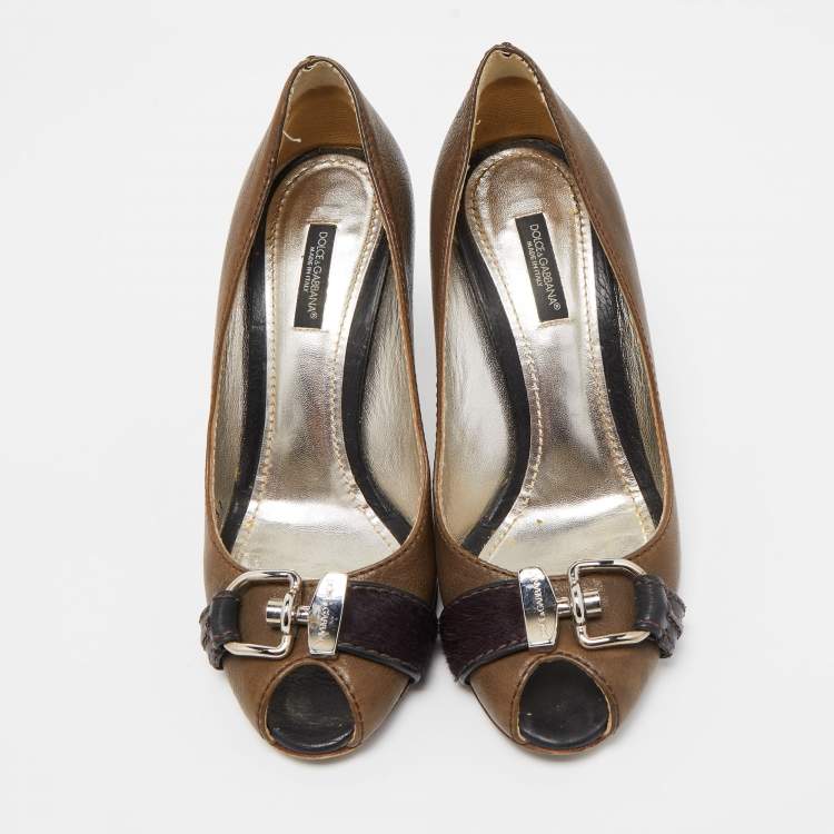 Pre Owned Dolce & Gabbana Olive Green Leather Buckle Strap Peep Toe Pumps Size 37