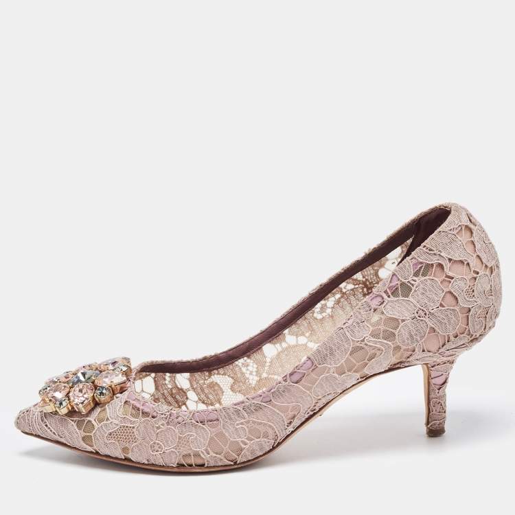 Pre Owned Dolce & Gabbana Purple Lace Crystal Embellishments Pointed Toe Pumps Size 37