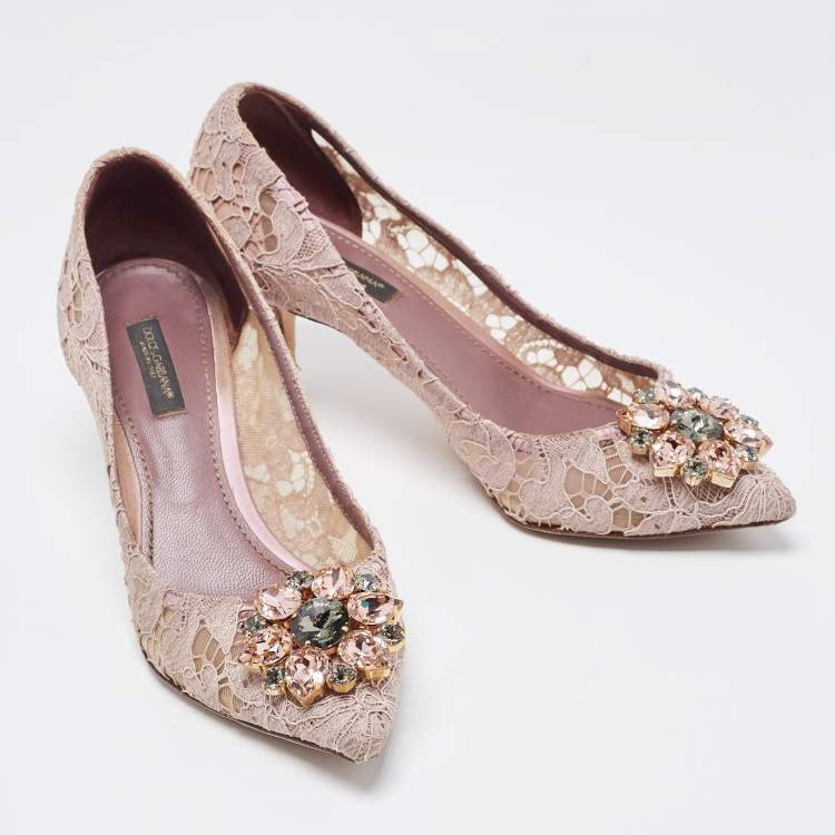 Pre Owned Dolce & Gabbana Purple Lace Crystal Embellishments Pointed Toe Pumps Size 37