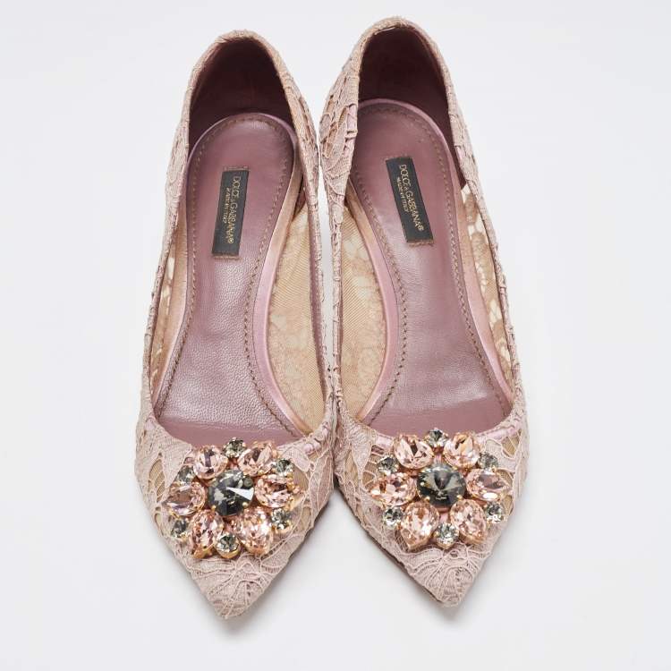 Pre Owned Dolce & Gabbana Purple Lace Crystal Embellishments Pointed Toe Pumps Size 37