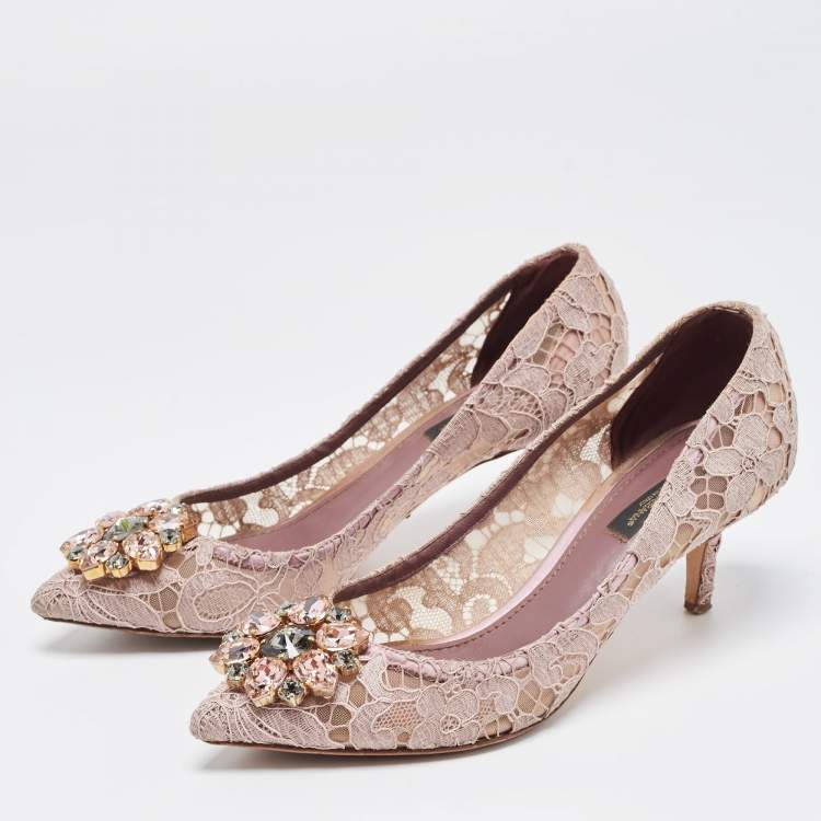 Pre Owned Dolce & Gabbana Purple Lace Crystal Embellishments Pointed Toe Pumps Size 37