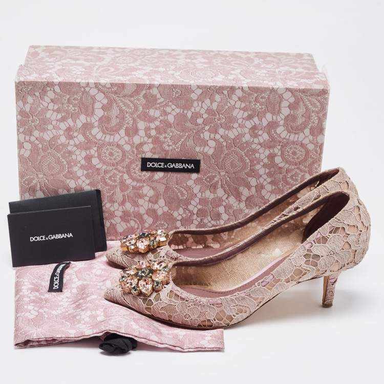 Pre Owned Dolce & Gabbana Purple Lace Crystal Embellishments Pointed Toe Pumps Size 37