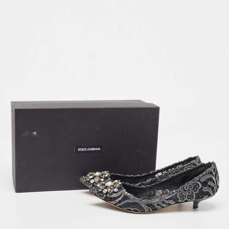 Pre Owned Dolce & Gabbana Silver/Black Lace Bellucci Crystal Embellished Kitten Heel Pumps Size 37