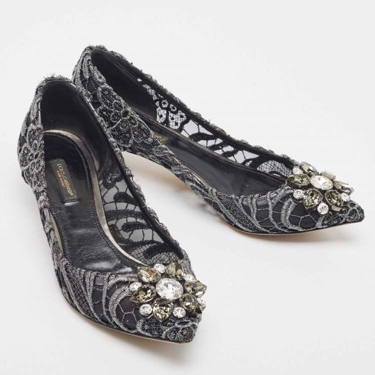 Pre Owned Dolce & Gabbana Silver/Black Lace Bellucci Crystal Embellished Kitten Heel Pumps Size 37