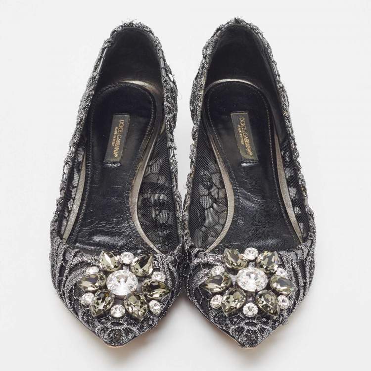 Pre Owned Dolce & Gabbana Silver/Black Lace Bellucci Crystal Embellished Kitten Heel Pumps Size 37