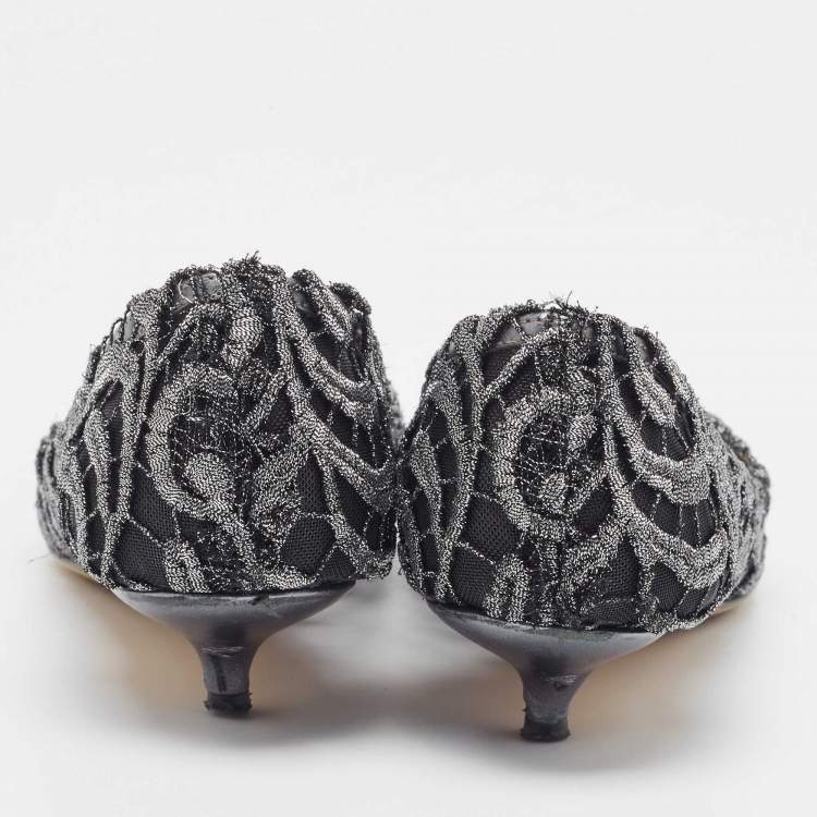 Pre Owned Dolce & Gabbana Silver/Black Lace Bellucci Crystal Embellished Kitten Heel Pumps Size 37