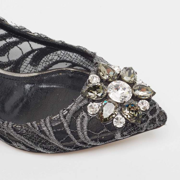 Pre Owned Dolce & Gabbana Silver/Black Lace Bellucci Crystal Embellished Kitten Heel Pumps Size 37