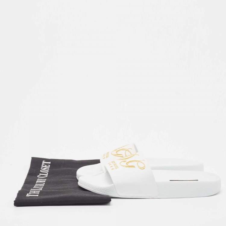 Pre Owned Dolce & Gabbana White Rubber Embroidered DG Slides Size 36