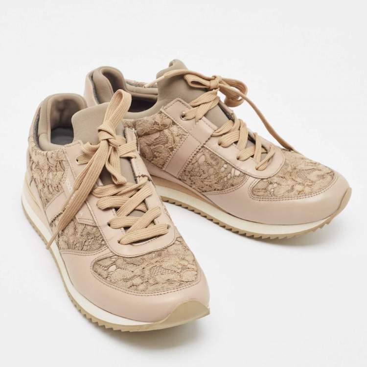 Pre Owned Dolce & Gabbana Beige Leather and Lace Low Top Sneakers Size 39