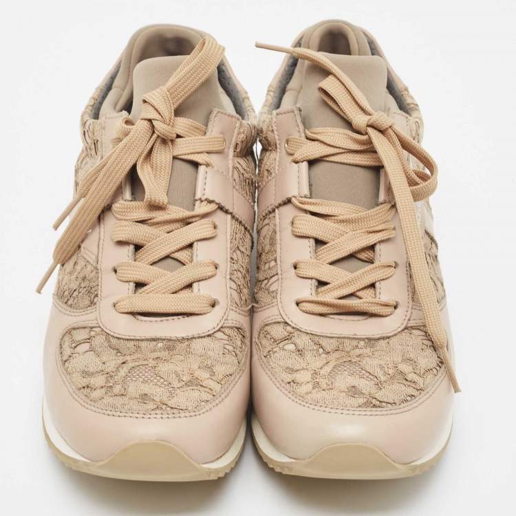 Pre Owned Dolce & Gabbana Beige Leather and Lace Low Top Sneakers Size 39