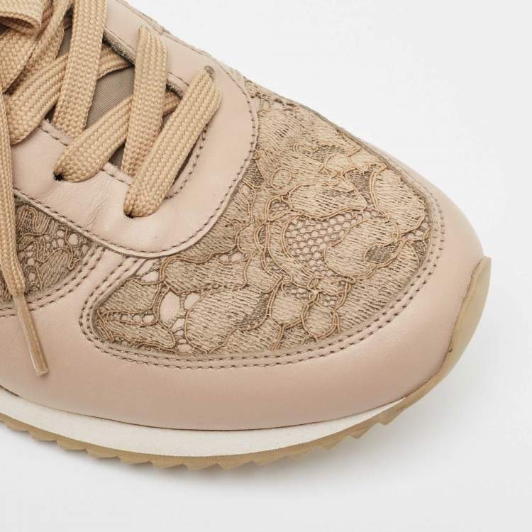 Pre Owned Dolce & Gabbana Beige Leather and Lace Low Top Sneakers Size 39