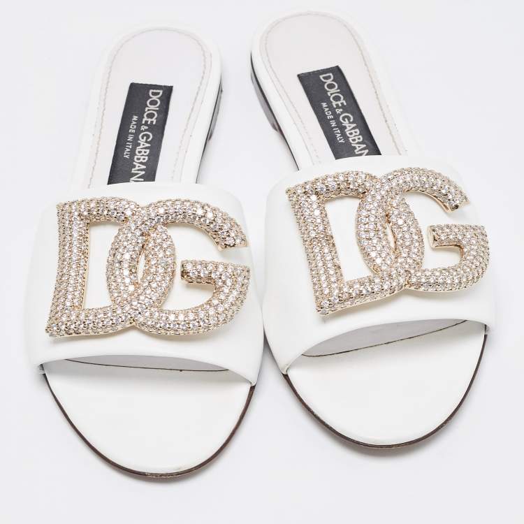 Pre Owned Dolce & Gabbana White Leather DG Logo Crystals Slide Flats Size 37