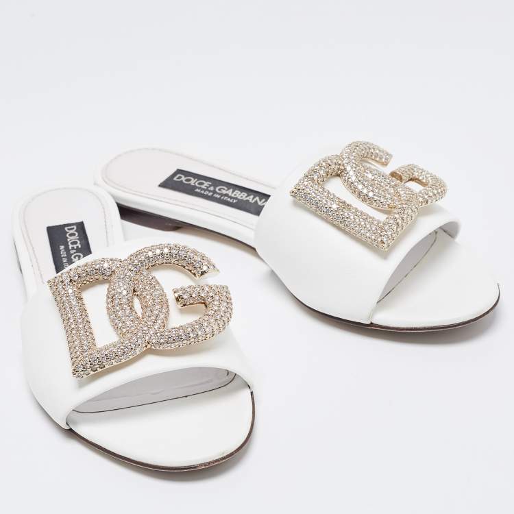 Pre Owned Dolce & Gabbana White Leather DG Logo Crystals Slide Flats Size 37