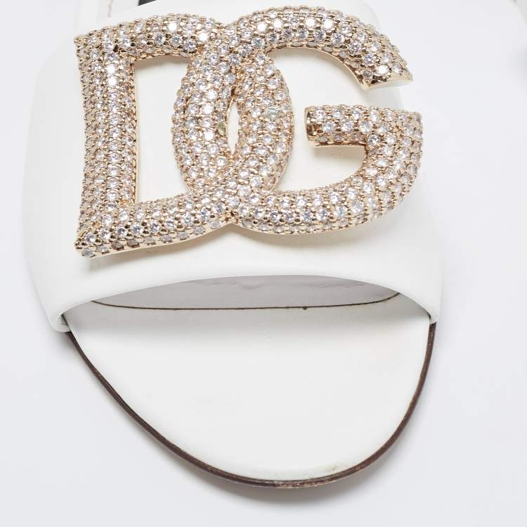 Pre Owned Dolce & Gabbana White Leather DG Logo Crystals Slide Flats Size 37