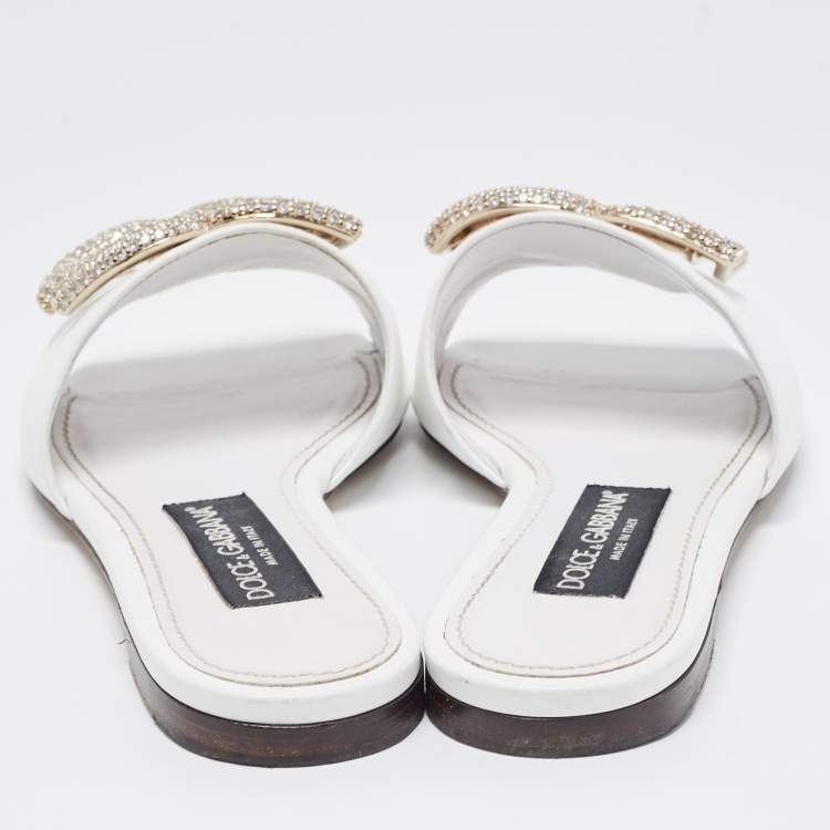 Pre Owned Dolce & Gabbana White Leather DG Logo Crystals Slide Flats Size 37