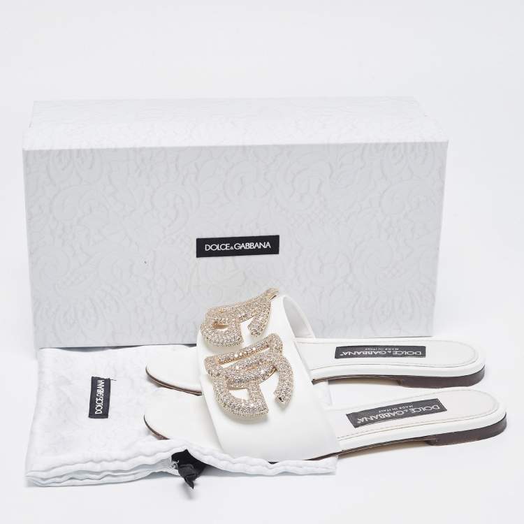 Pre Owned Dolce & Gabbana White Leather DG Logo Crystals Slide Flats Size 37