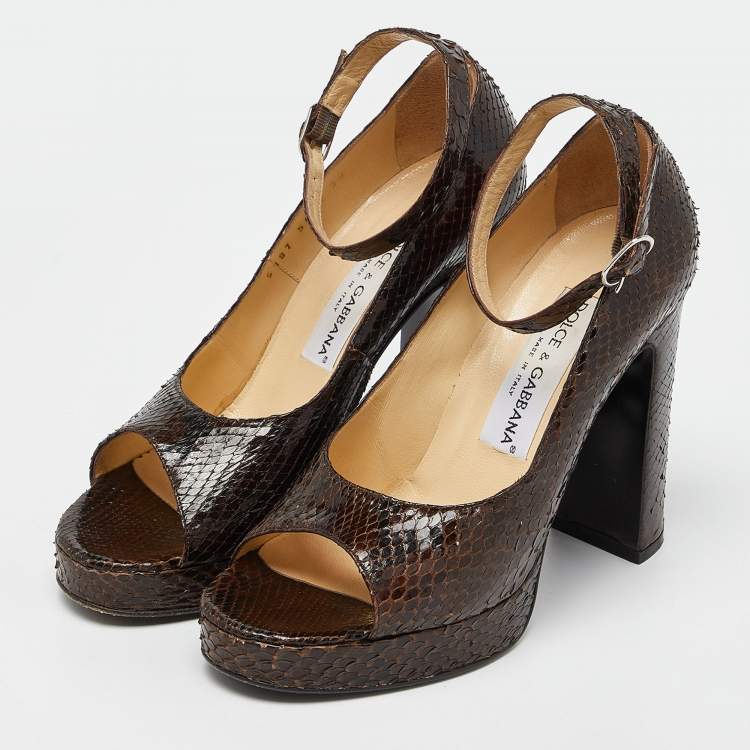 Pre Owned Dolce & Gabbana Brown Python Block Heel Pumps Size 38