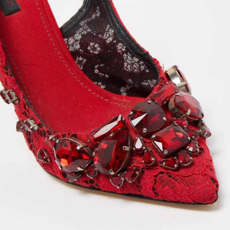 Pre Owned Dolce & Gabbana Red Lace and Mesh Crystal Embellished Slingback Pumps Size 37