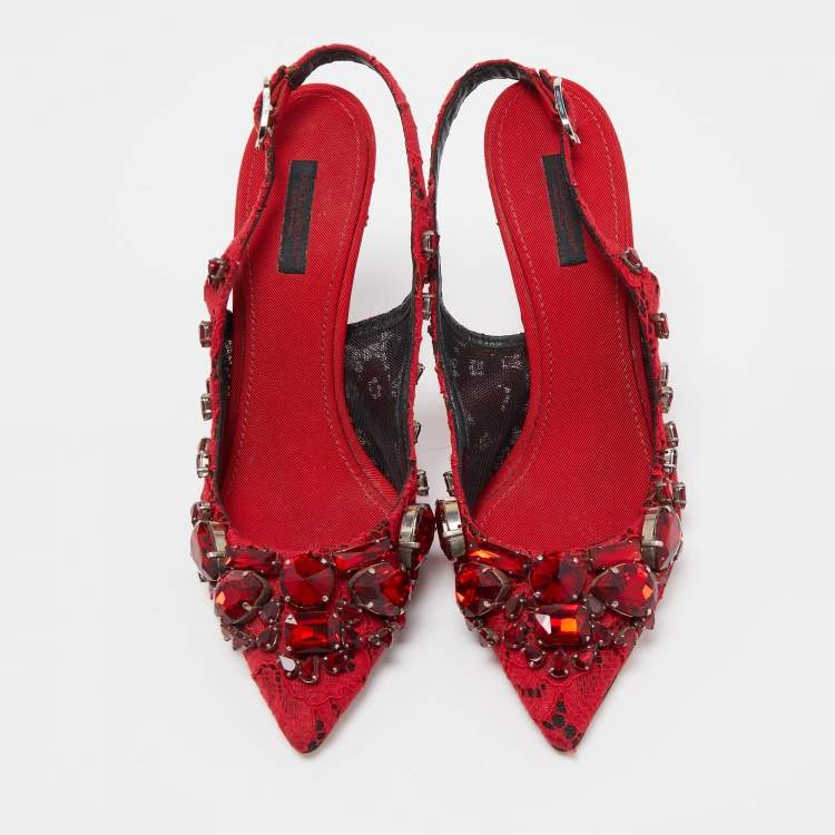 Pre Owned Dolce & Gabbana Red Lace and Mesh Crystal Embellished Slingback Pumps Size 37