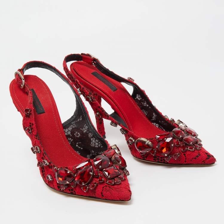 Pre Owned Dolce & Gabbana Red Lace and Mesh Crystal Embellished Slingback Pumps Size 37