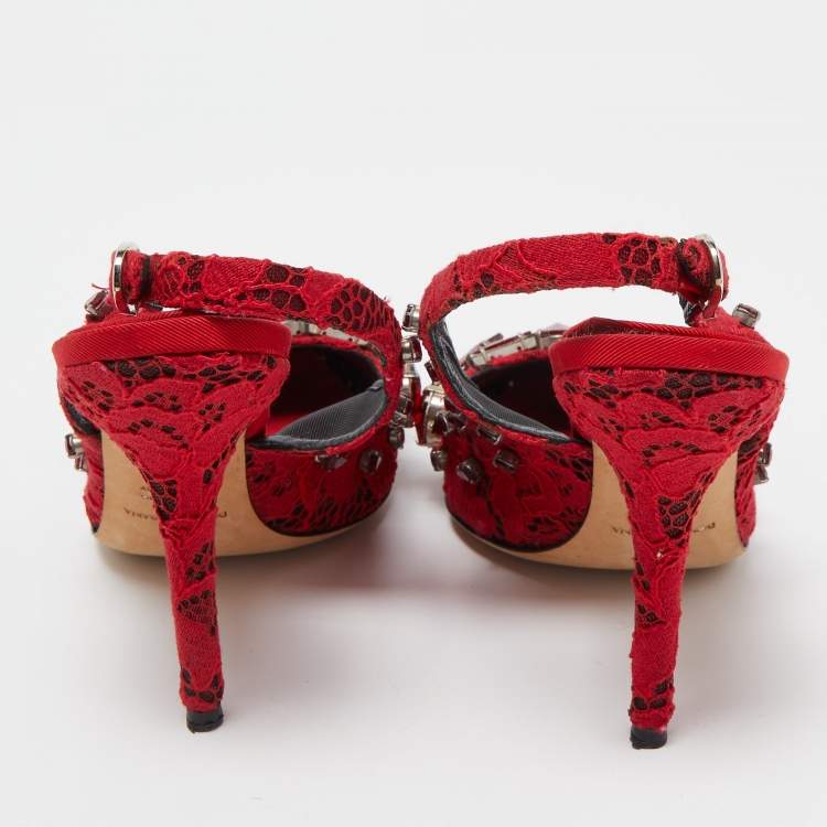 Pre Owned Dolce & Gabbana Red Lace and Mesh Crystal Embellished Slingback Pumps Size 37