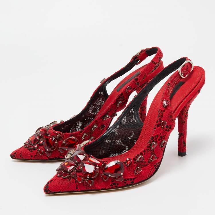 Pre Owned Dolce & Gabbana Red Lace and Mesh Crystal Embellished Slingback Pumps Size 37