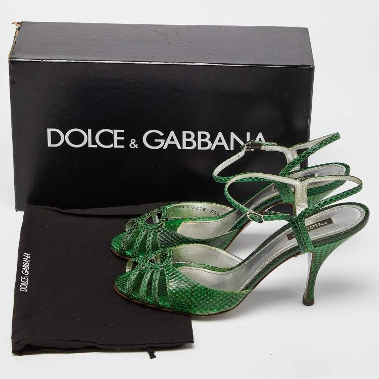 Pre Owned Dolce & Gabbana Green Embossed Python Ankle Strap Sandals Size 39.5