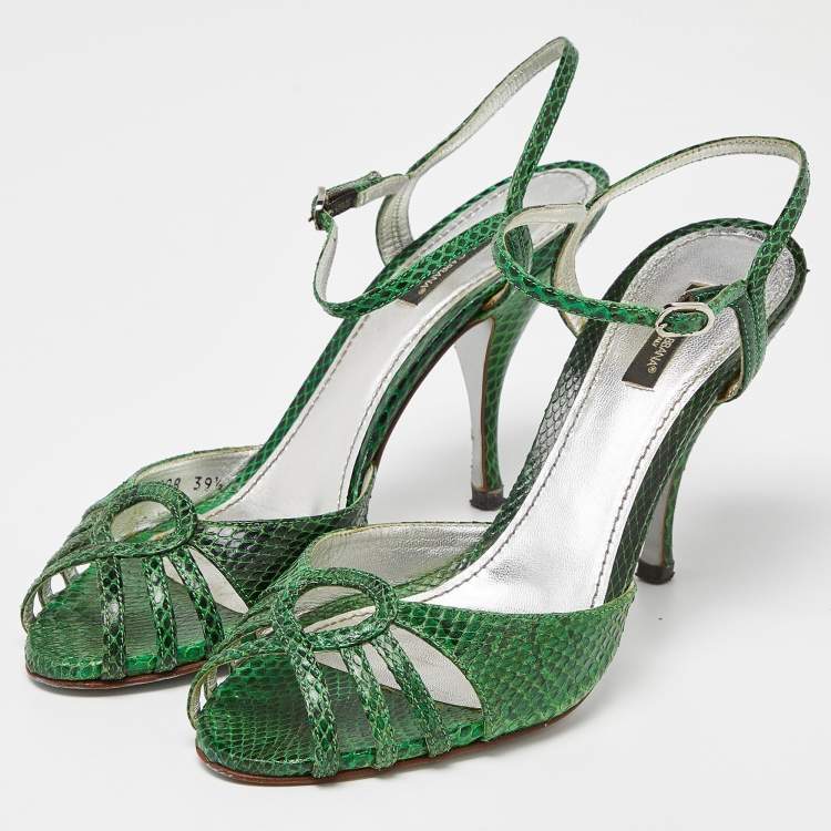 Pre Owned Dolce & Gabbana Green Embossed Python Ankle Strap Sandals Size 39.5