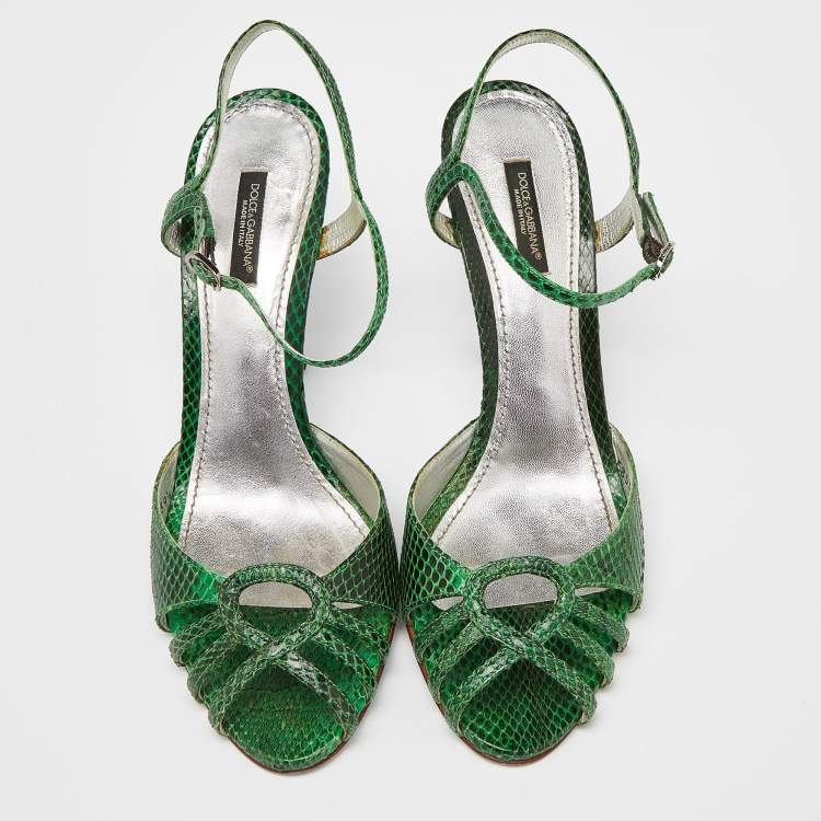 Pre Owned Dolce & Gabbana Green Embossed Python Ankle Strap Sandals Size 39.5