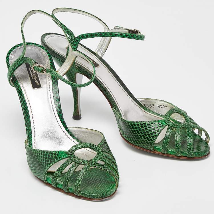 Pre Owned Dolce & Gabbana Green Embossed Python Ankle Strap Sandals Size 39.5