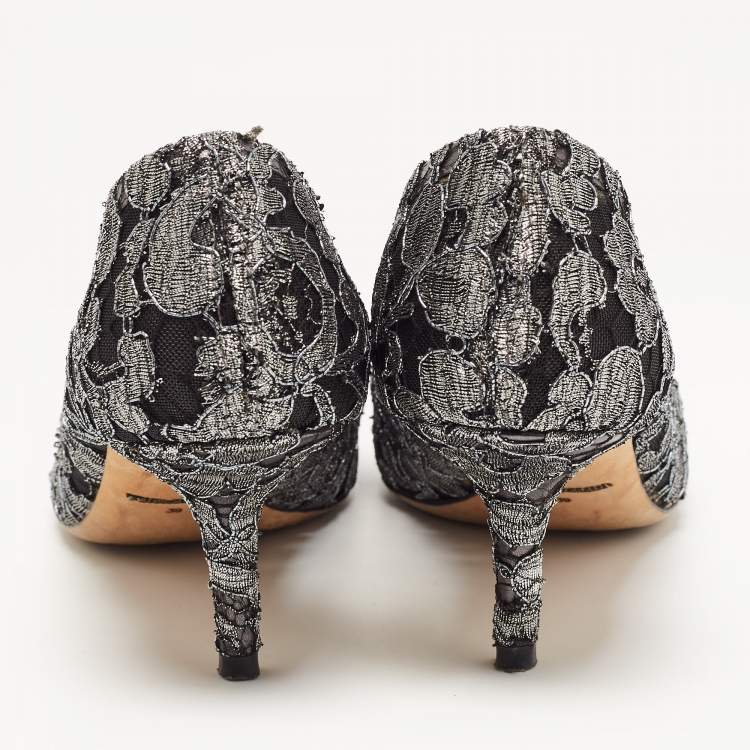 Pre Owned Dolce & Gabbana Silver/Black Mesh and Lace Bellucci Pumps Size 39