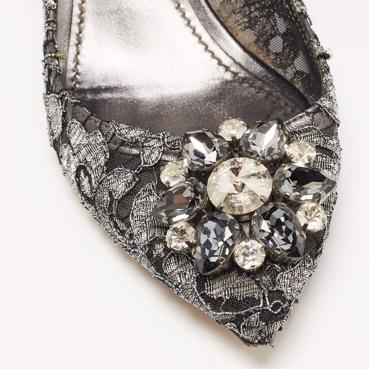 Pre Owned Dolce & Gabbana Silver/Black Mesh and Lace Bellucci Pumps Size 39