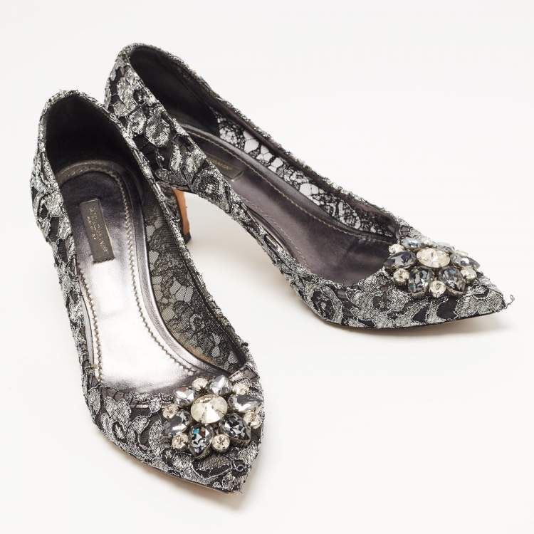 Pre Owned Dolce & Gabbana Silver/Black Mesh and Lace Bellucci Pumps Size 39